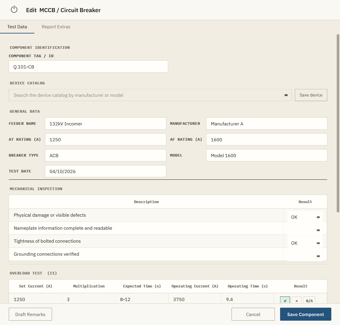 The circuit-breaker test form with sections for component identification, device catalog, general data, mechanical inspection and an overload test table with ✓, × and N/A result buttons; Draft Remarks, Cancel and Save Component buttons sit in the footer.